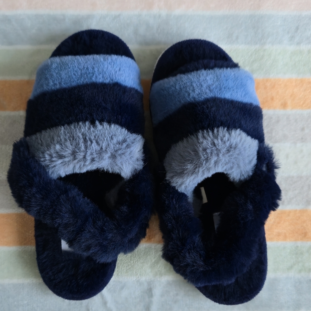 Boys Faux Fur Slingback Slippers - Shades of Blue - Medium 13/1 by Memoi